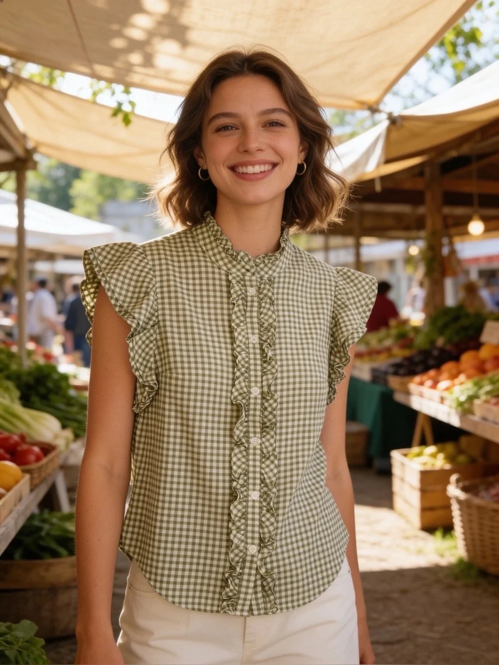 Green Gingham Ruffle Cap-Sleeve Blouse